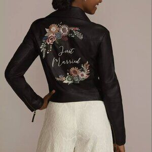 DB Studio Vegan Leather Moto Jacket Floral Just Married Embroidered Bride XL